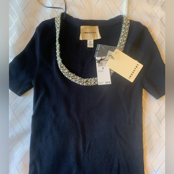 NEW Gorgeous navy blue ribbed knit short sleeve sweater NWT beaded pearl collar - Picture 6 of 8
